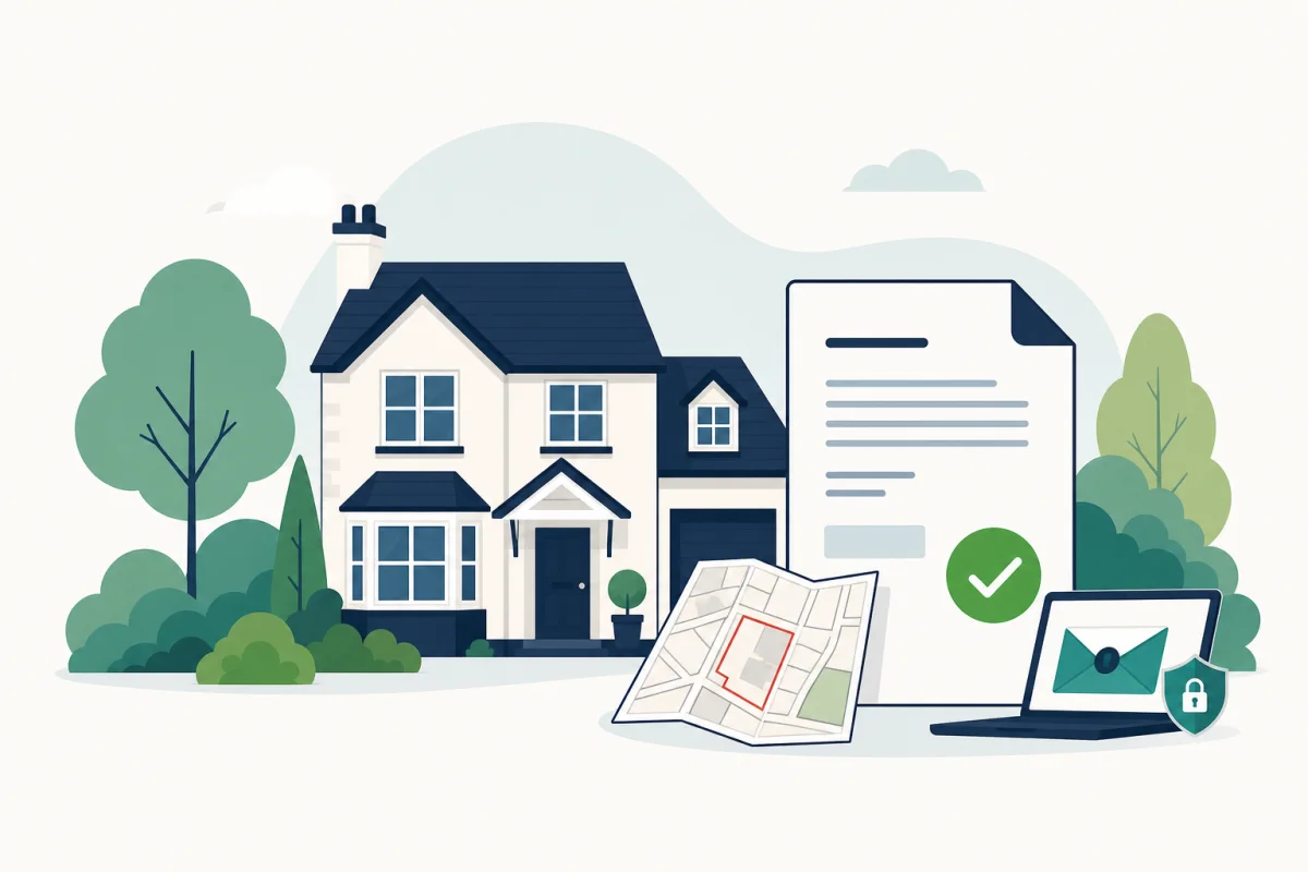 Illustration of a house with a title document and title plan being delivered securely